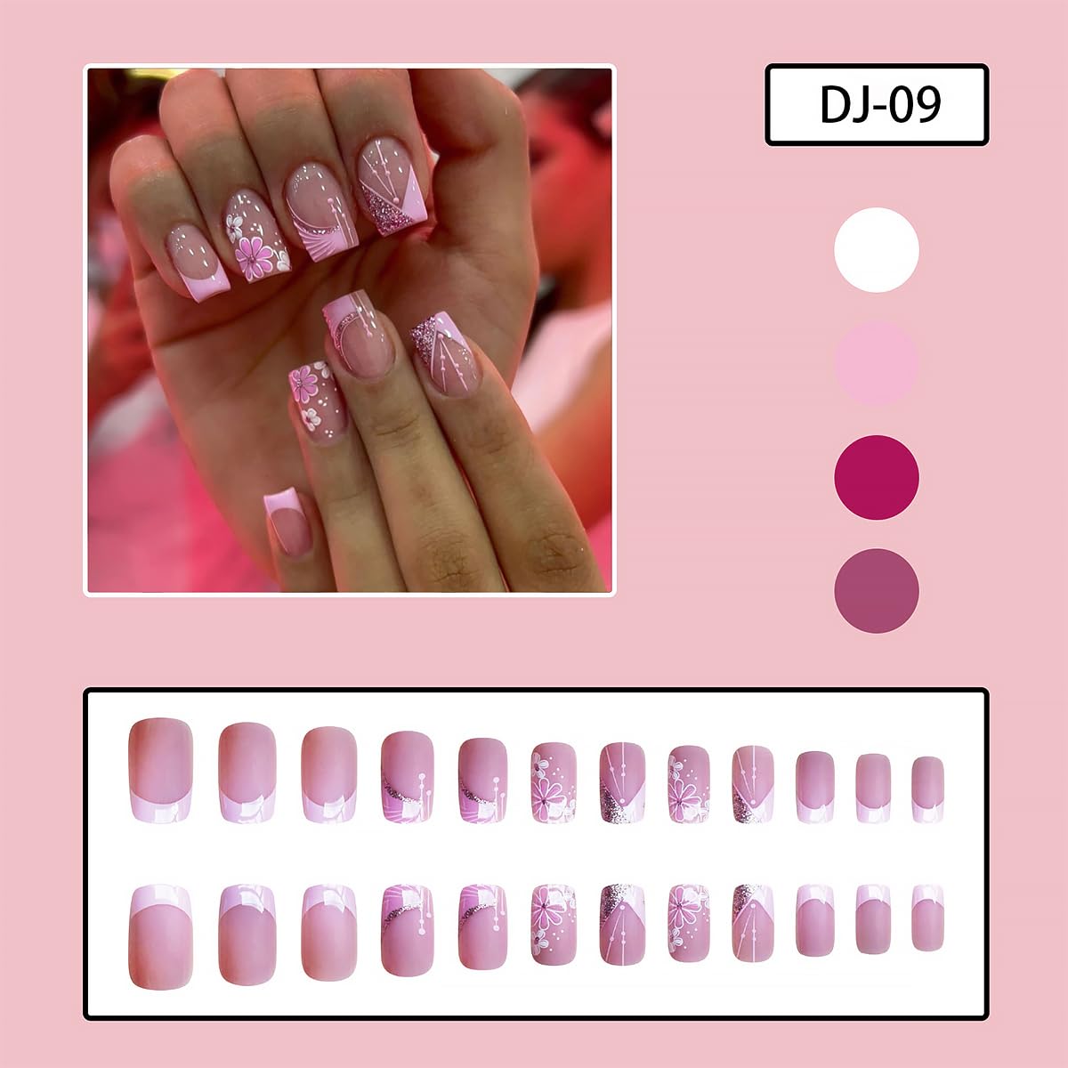 24Pcs Pink French Tip Press on Nails Short Square Fake Nails Spring Cherry Blossoms with Line Design Nude Pink False Nails Stick on Nails Full Cover Artificial Glue on Nails for Women DIY Manicure
