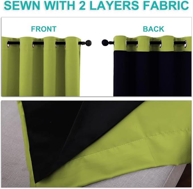 NICETOWN 100% Blackout Lined Curtains, Fresh Green, 1 Pair, 62" Width x 63" Length Each Panel, 2 Thick Layers Completely Blackout Window Treatment Thermal Insulated Drapes for Kitchen/Bedroom