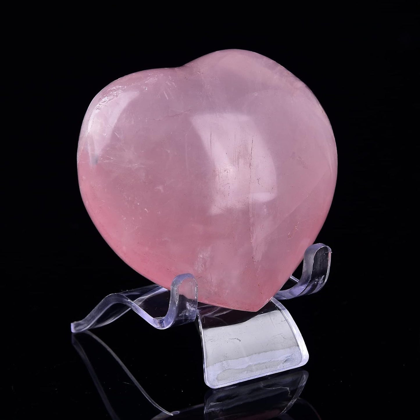 JIC Gem Heart Shaped Rose Quartz Crystal Healing Stone Large Pocket Palm Worry Stone with Display Stand Chakra Reiki Balancing 2.7"-2.9"