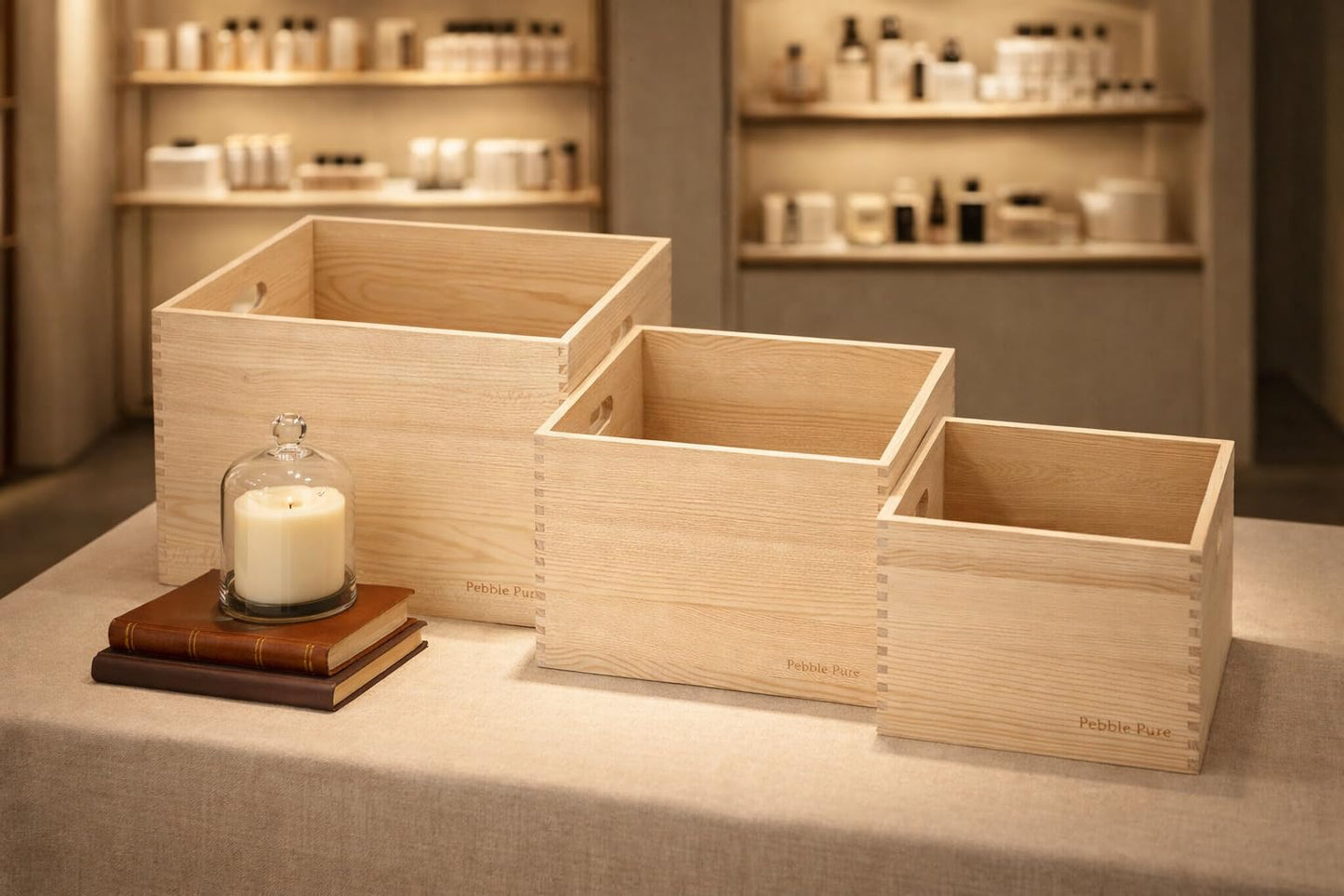 PebblePure Set of 3 Large Wood Storage Crates (Up to 14.5"x14"x10"), Fully Assembled, Seamless Dovetail Unfinished Farmhouse Solid Natural Nesting Wood Crates for Home Office Retail Display