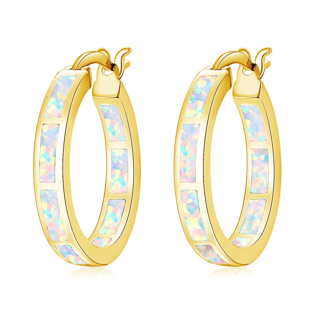 CiNily Hoop Earrings for Women,18K Yellow Gold Opal Earrings Ear Hoops Hypoallergenic Earring Gemstone Round Hoops for Ladies, Mom Small Hoop Earring