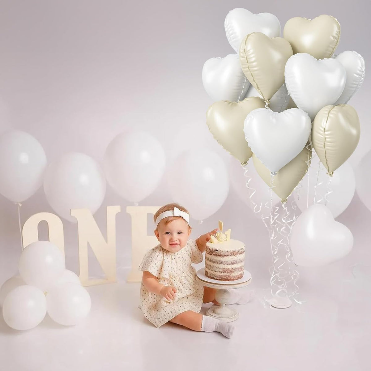 Cream Heart Foil Balloon, 18 Inch Sand White Heart Shape Foil Balloon, Beige Heart Balloons with Grey White Helium Balloons for Valentines Day Boho Birthday Bridal Shower Wedding Baby Shower