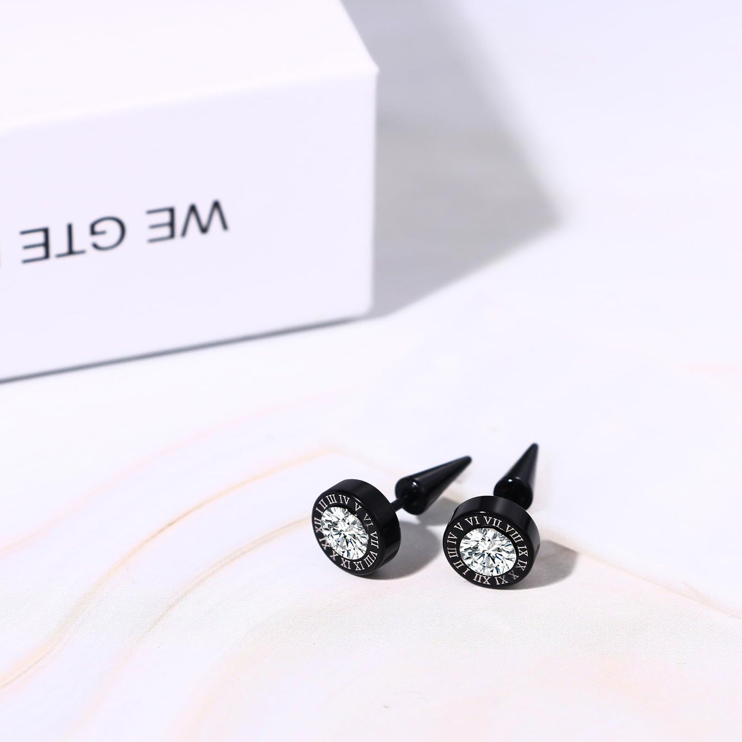 Aroncent Mens Stud Spiked Earrings: Stainless Steel Round Roman Numerals White Gold 9mm Hypoallergenic Black Cubic Zirconia Stud Earrings for Men Women