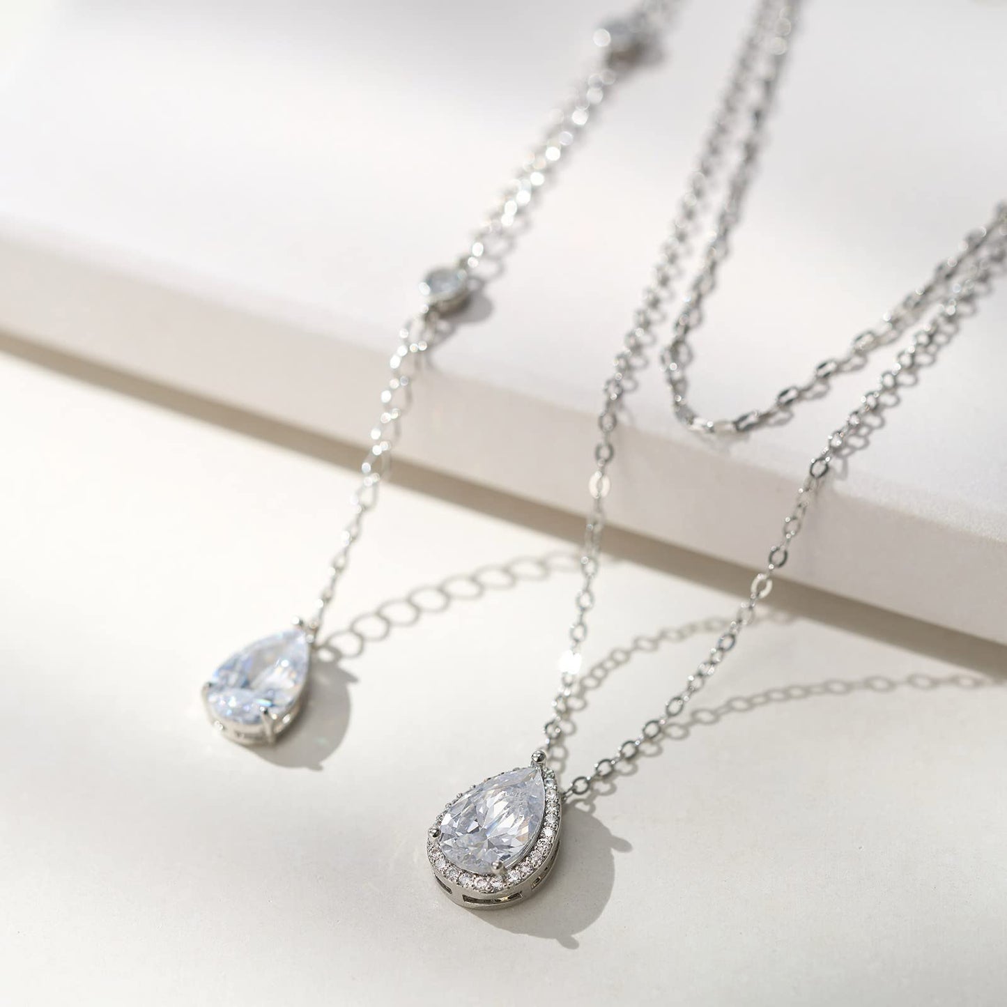 SWEETV Teardrop Wedding Back Necklace for Bride Bridesmaids, Silver Cubic Zirconia Simple Back Pendant Bridal Necklace for Wedding Party
