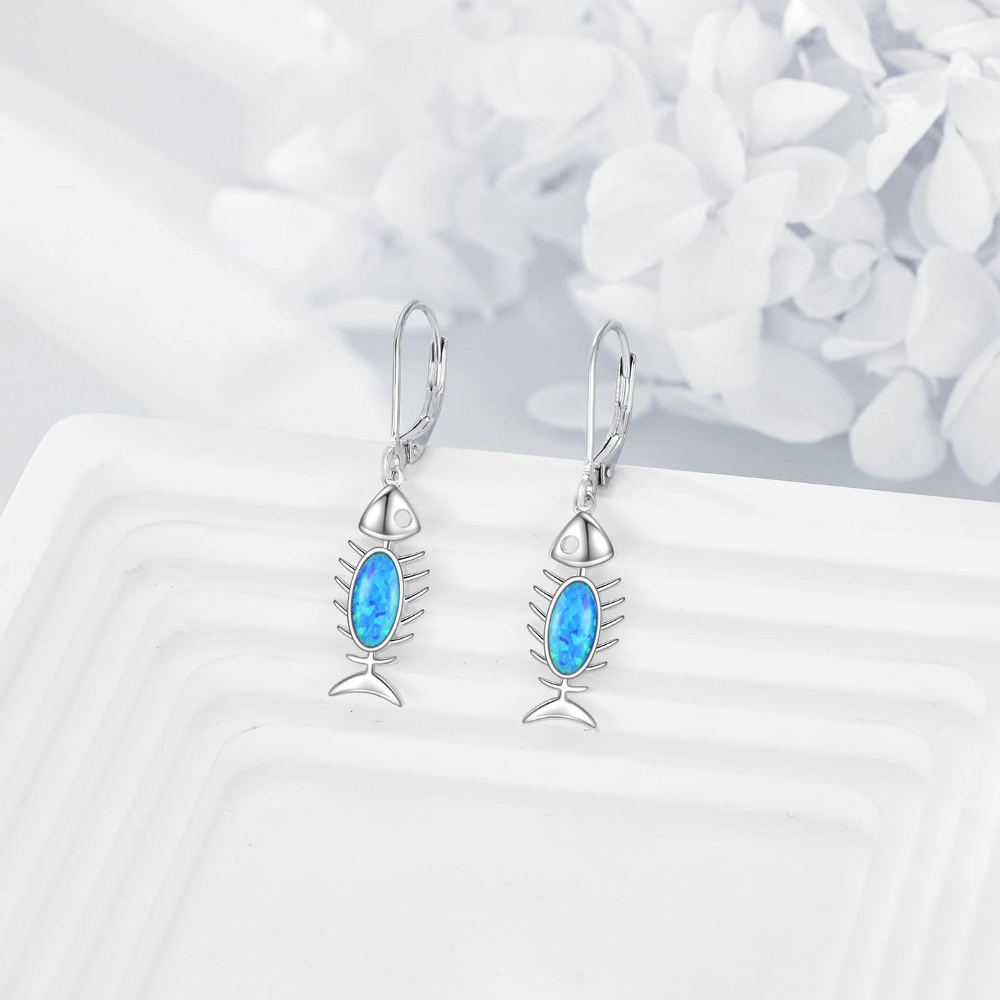 Fish Bone Dangle Earrings Sterling Silver Blue Opal Fishbone Skeleton Drop Earrings Jewelry Gift for Women