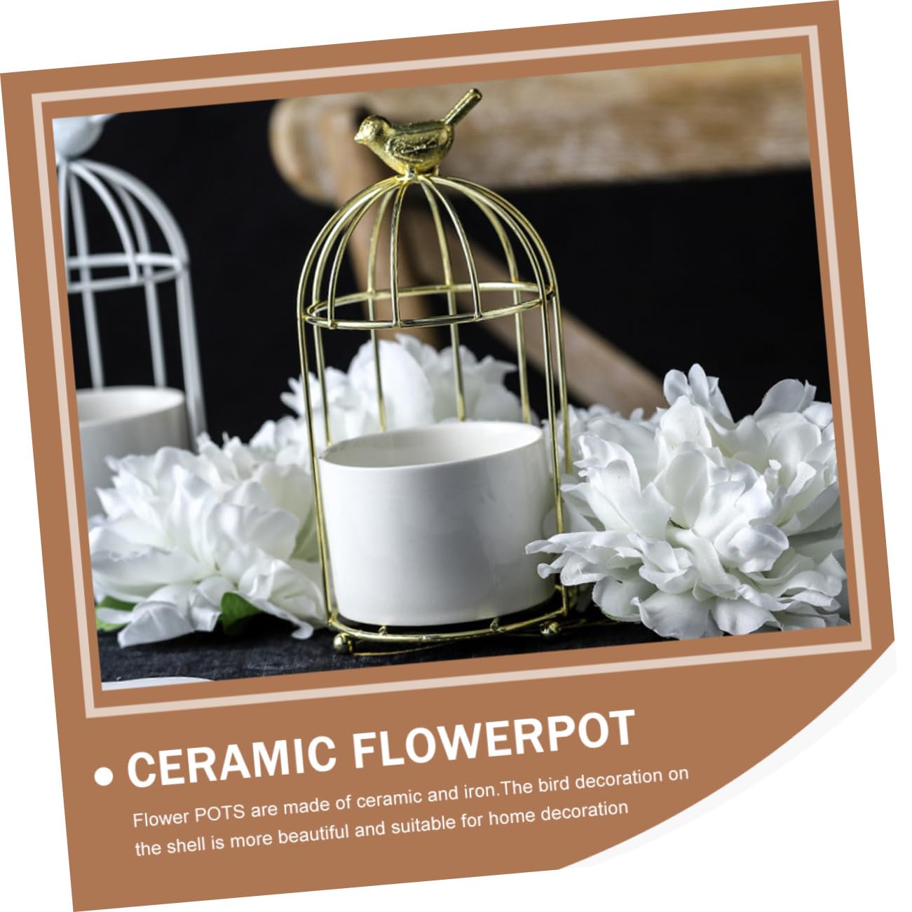CAXUSD Decorative Iron Rack Flowerpot with Ceramic Planter Gold Plated Birdcage Style Stand Indoor Outdoor Gardening Container for Balcony and Home Plant Display