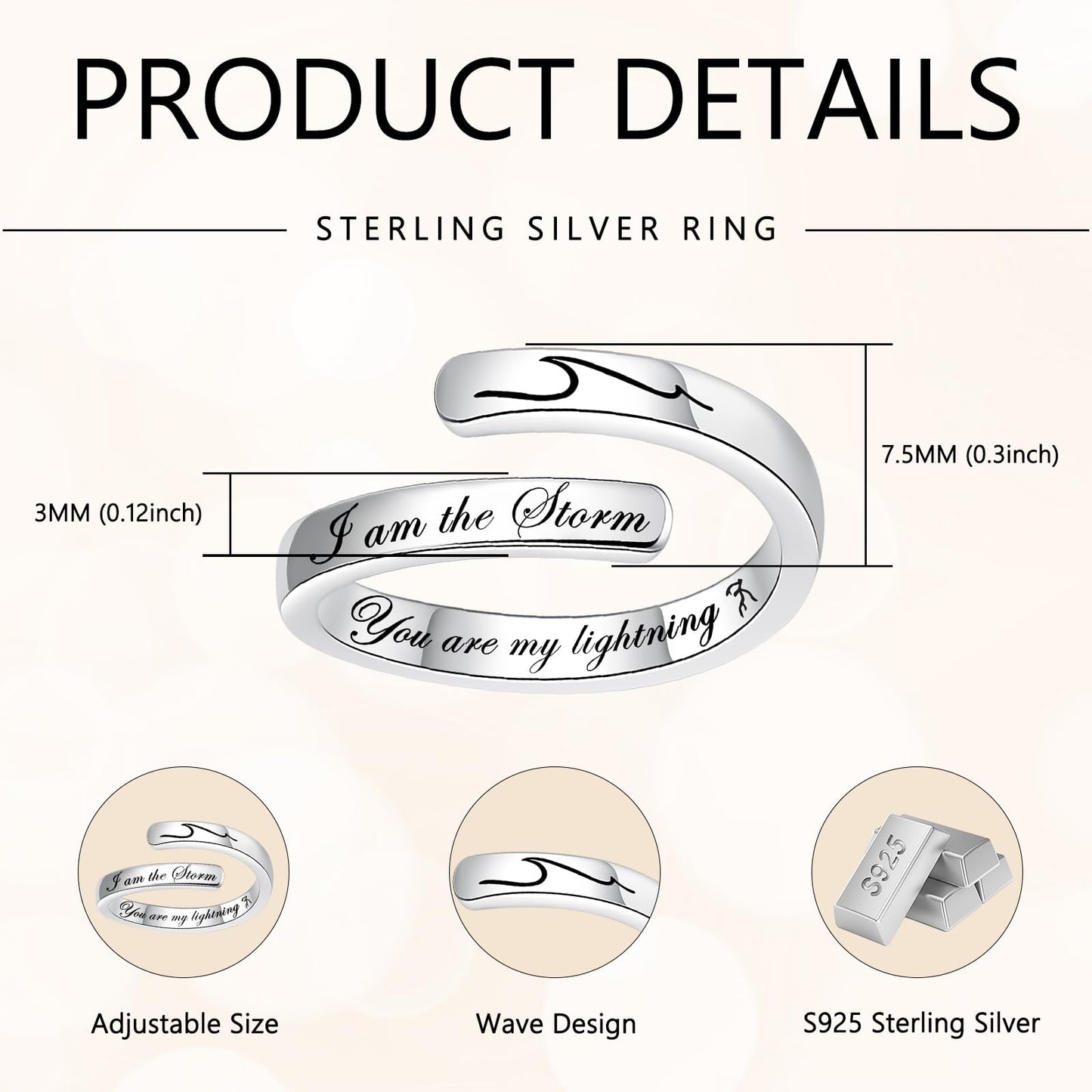 S925 Sterling Silver Inspirational Jewelry Rings Adjustable Ring Personality Encouragement Gift for Teens Women