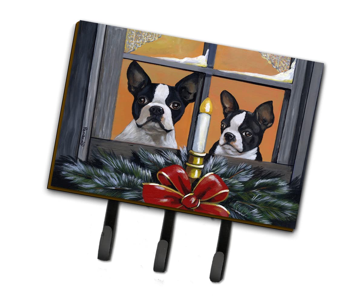 Caroline's Treasures PPP3248TH68 Boston Terrier Looking for Santa Christmas Leash or Key Holder, Wall Hooks, Key Hooks Holder, Coat Rack Wall Mount, Coat Hooks, Hooks for Hanging Keys, Towels, Aprons,