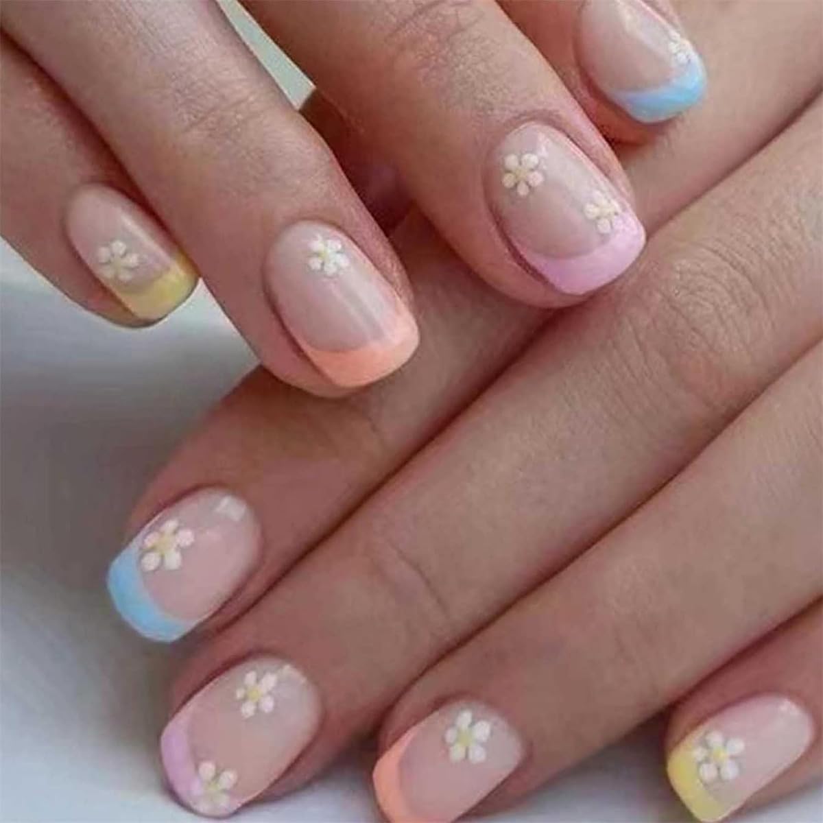 Jsiallye 6 Packs Press on Nails Short,Flower French Press on Nails Almond And Oval,Glue on Nails in 12 Sizes - 24 Fake Nails Kit, Stick on Nails for Women