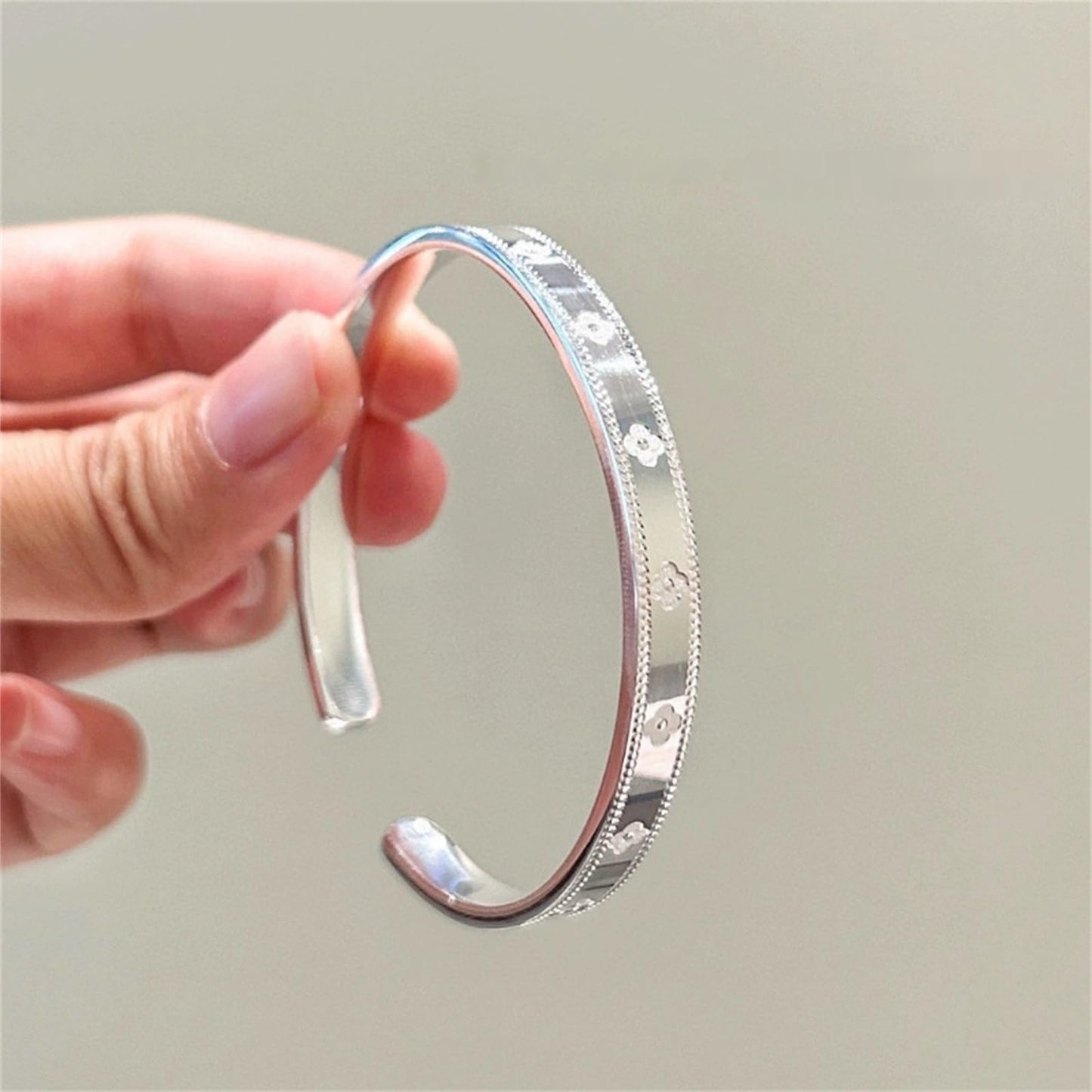 Baoaichi Sterling Silver Bangle Bracelets For Women - Four Leaf Clover Bangles - Lucky Band - High-Polish - Adjustable Cuff - Stackable Wrap - Gift