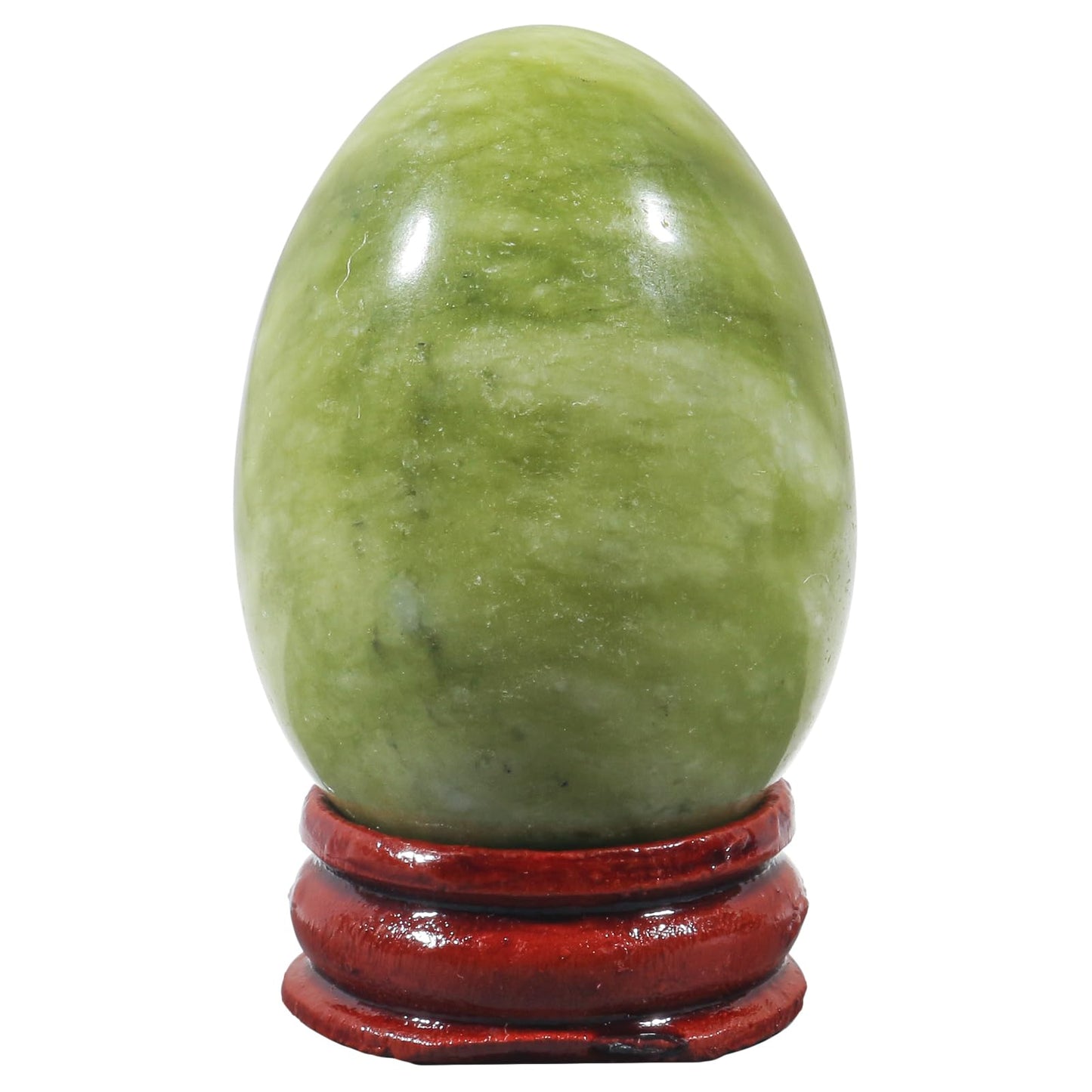 Fekuar Stone Egg Figurine, Polished Healing Crystal Easter Eggs Sphere Sculpture with Wood Stand, Green Jade, 1.8"