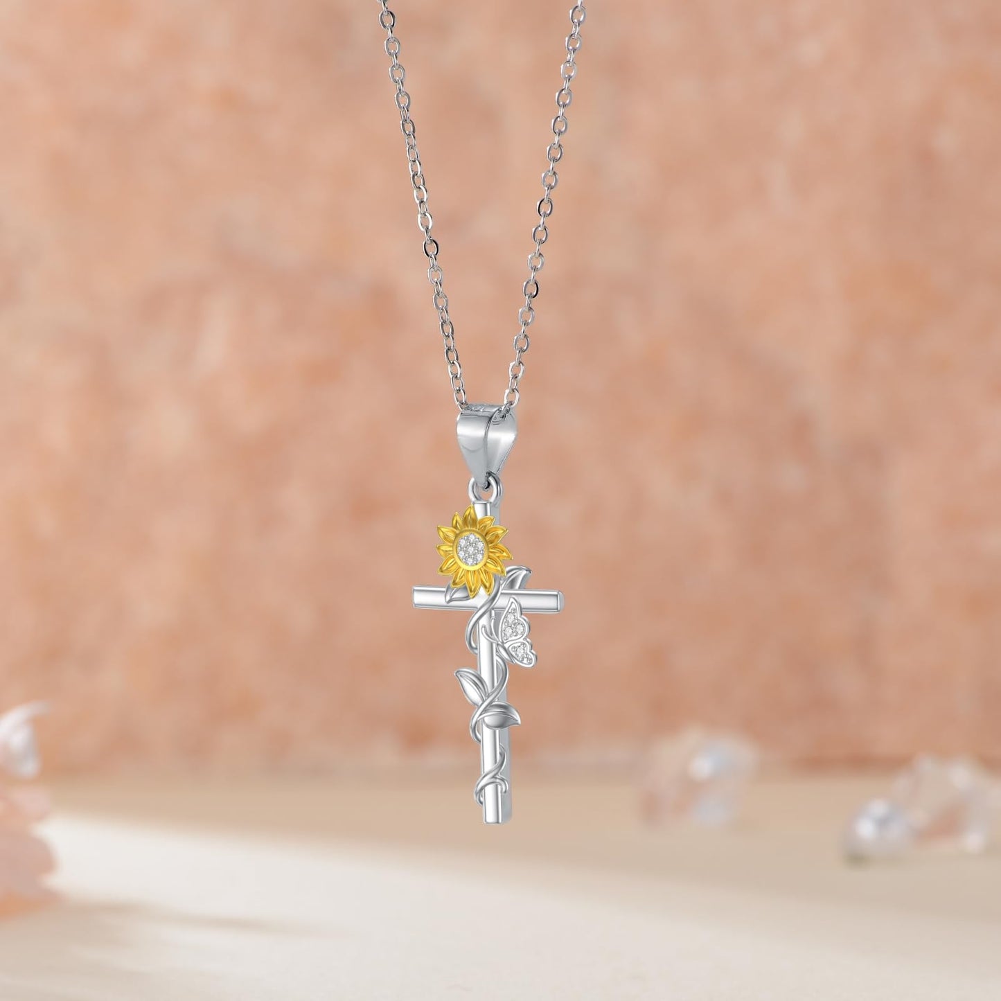 VONALA Cross Necklace 925 Sterling Silver Sunflower Butterfly Jewelry Pendant Sunshine Religious Gift for Women