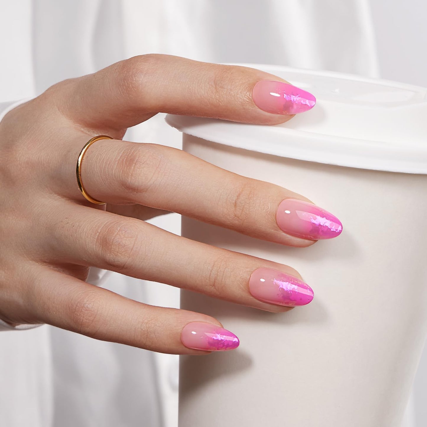 VSALON Almond Short Press On Nails, Ombre Hot Pink Aurora Sheer Jelly Finish Nail Kit & Blue Cat Eye Mini Pack