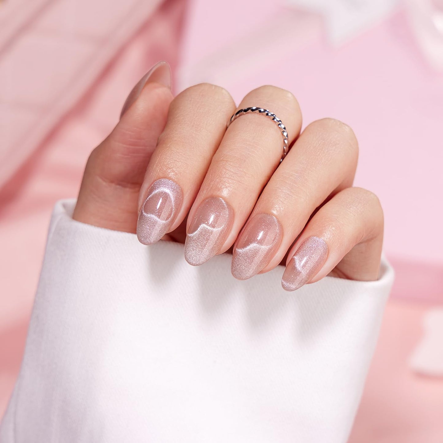 VSALON Press On Nails Short Almond, Nude Pink Cat Eye Press On Nails Neutral Sparkly Spring Fake Nail With UV Glue On Nail Kit, Reusable Salon Quality Summer Stick On Nails 32 Pcs 16 Sizes