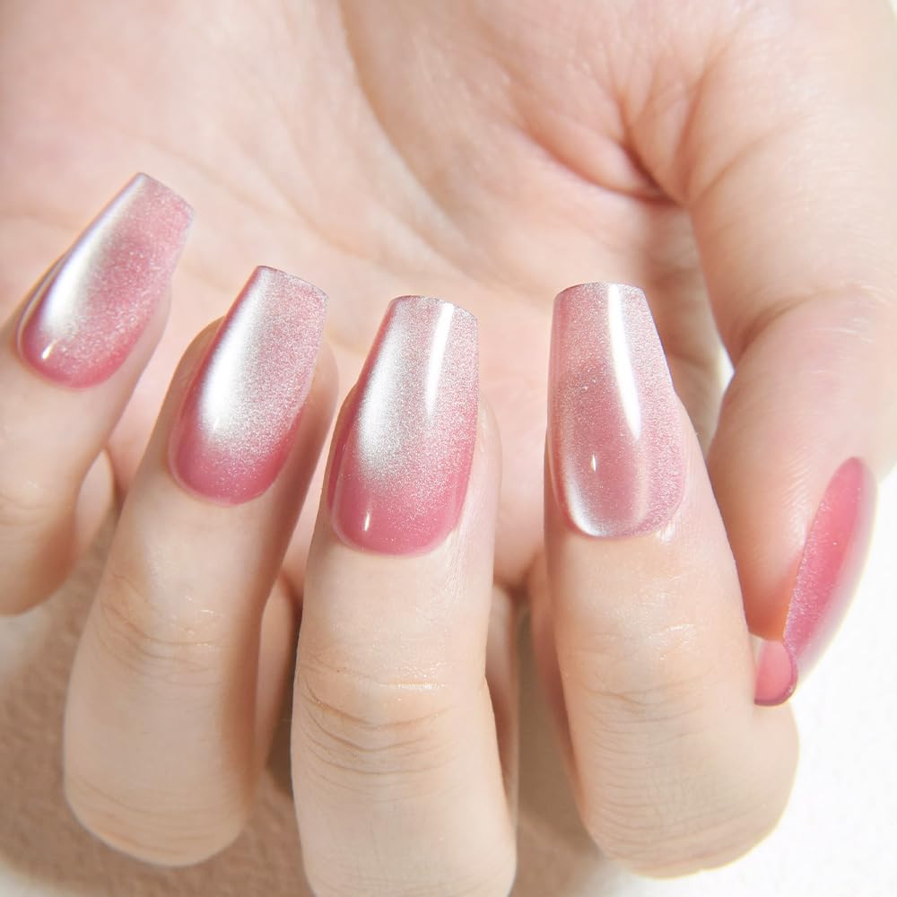 evpct Pink Cat Eye Press on Nails Square Medium Coffin No Glue, Medium Square Stick on Nails for Women, Plum Pink Metallic Glitter Glossy Reusable Spring Summer Press on Acrylic Fake Nail with Design