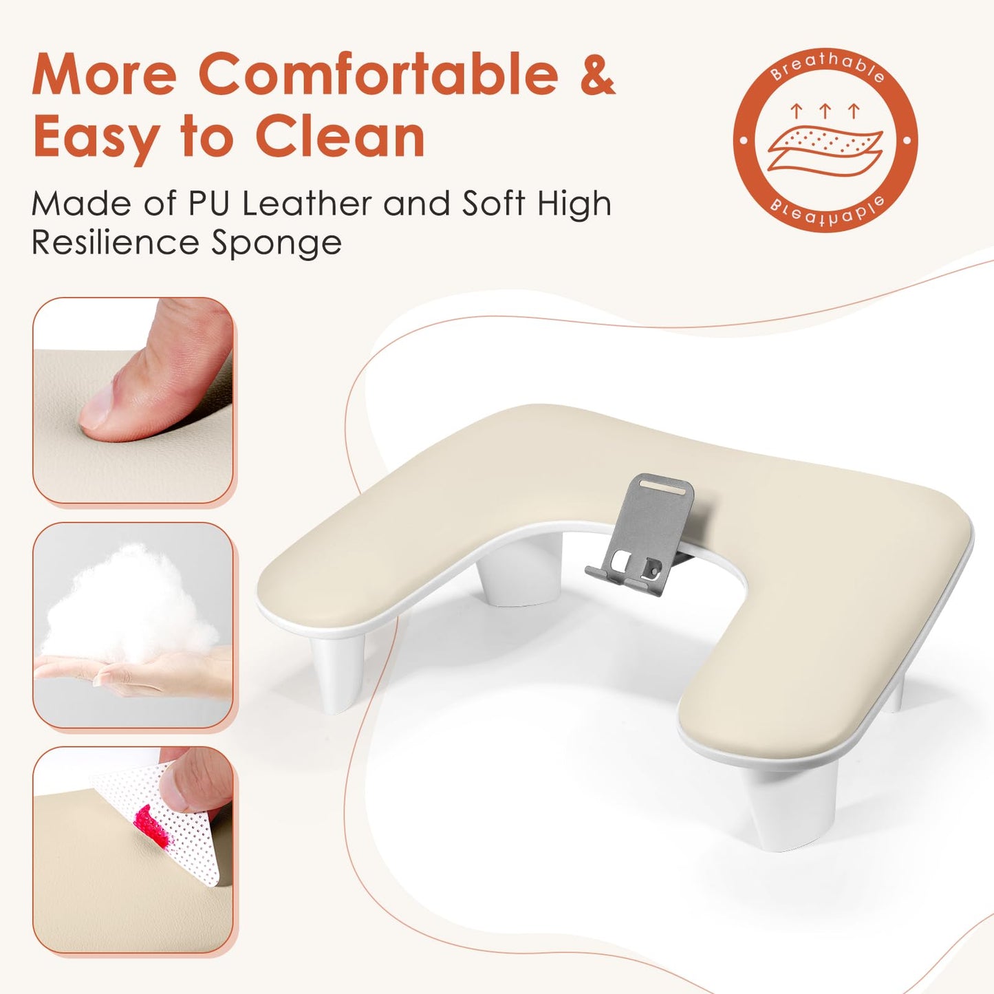 LIONVISON Arm Rest for Nails Tech: U Shaped Ergonomic Nail Hand Rest Stand PU Leather with Rotating Phone Holder for Nail Salon Manicurist (Beige)