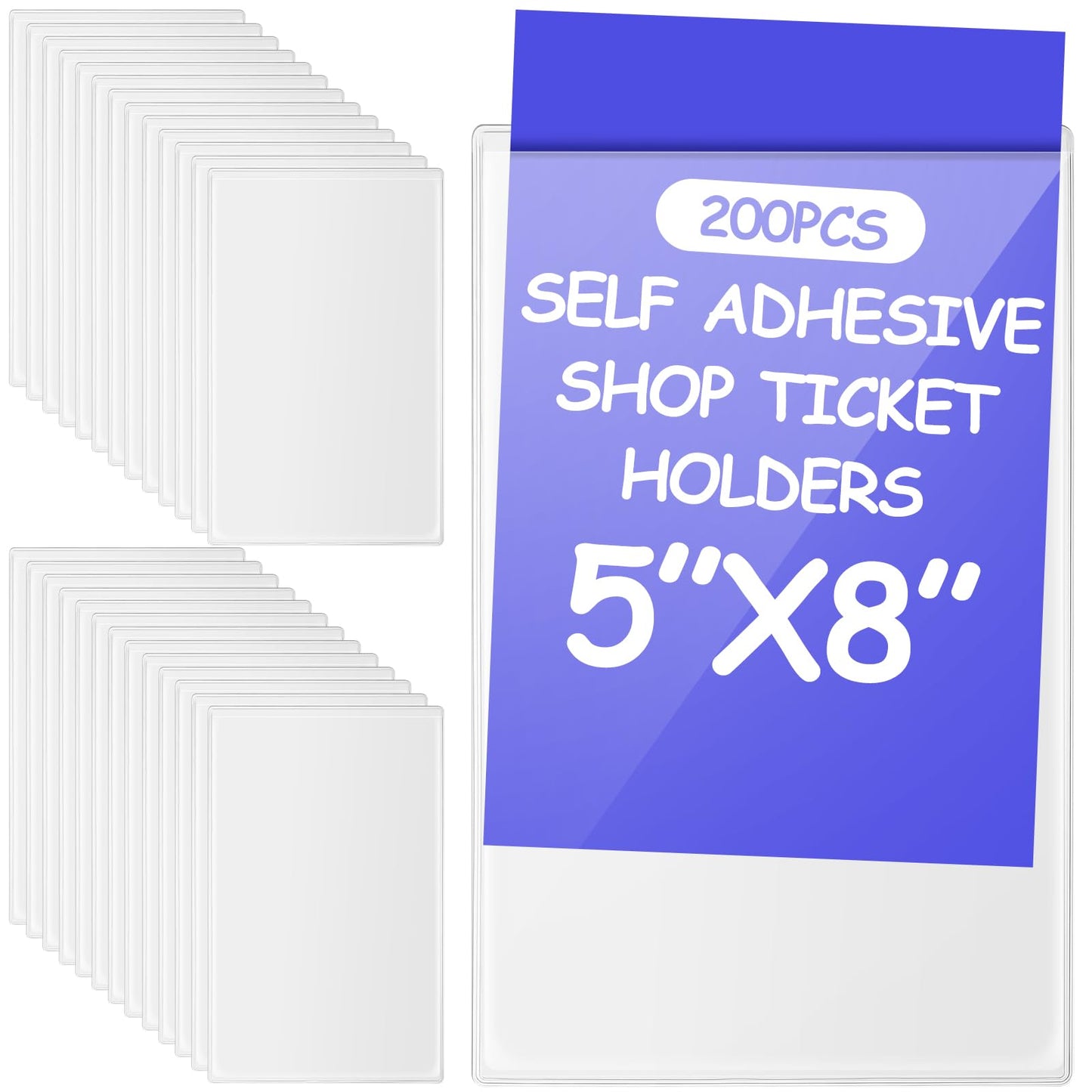 Outus 200 Pcs Self Adhesive Shop Ticket Holders Clear Plastic Sleeves Adhesive Pockets Work Order Job Ticket Holders for Back to School Student Label Home Office Posting Signs (5 x 8 Inch)