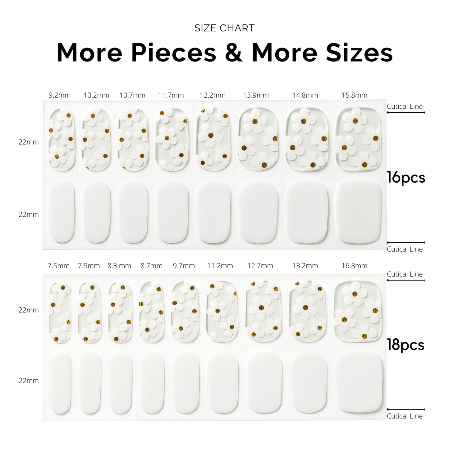 Nailog Semi Cured Gel Nail Strips 34 pcs | Long Lasting Nail Polish Sticker Wraps with Glossy Gel Finish | White Petals