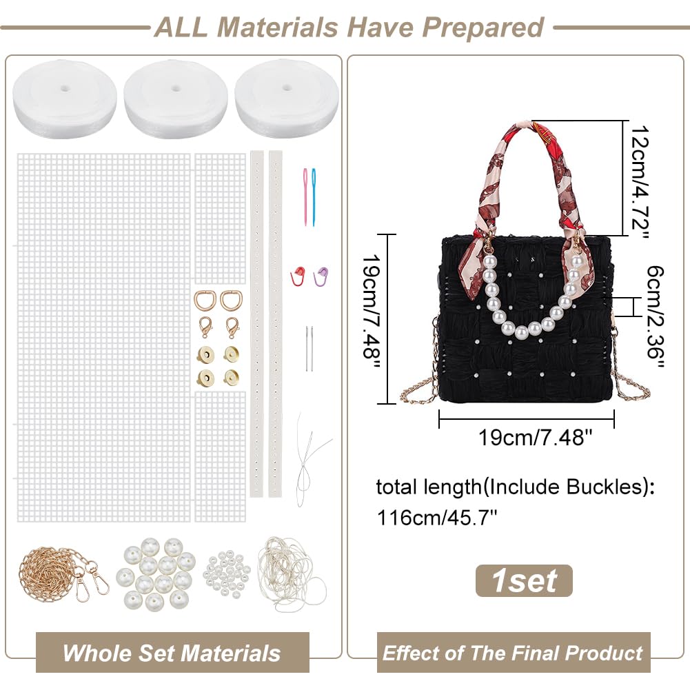 WADORN DIY Knitting Crochet Handbag Kits, Handmade Woven Bag Making Cross Stitch Mesh Plastic Canvas Sheets Set Hand-Knit Craft Shoulder Bags Needlepoint Kit with Ribbon Materials, Black