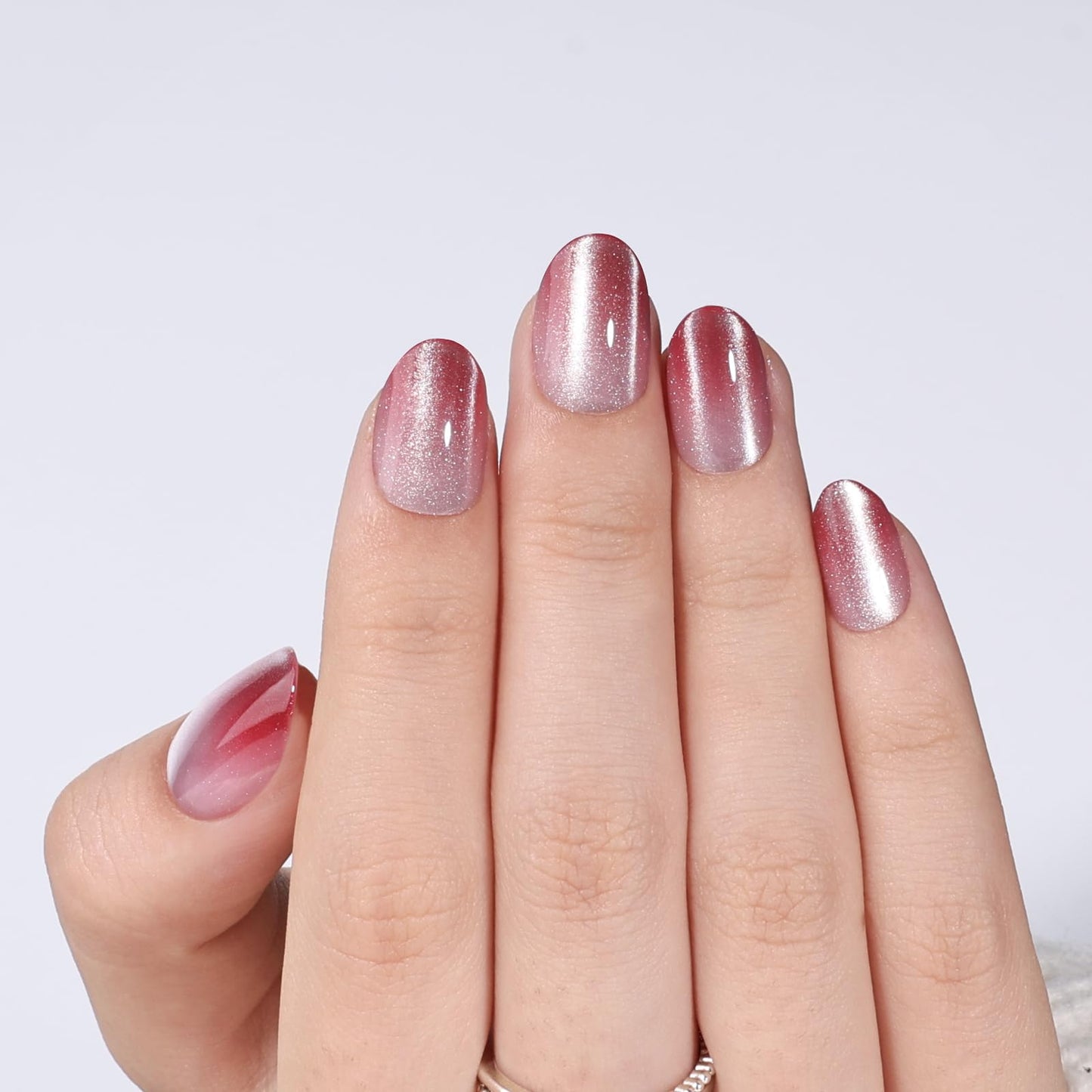 Light Berry Pink Cat Eye Press On Nails - Short Oval Ombre Cat Eye Fake Nails with Shimmer, Reusable Nails Press Ons for Women 32 Pieces 16 Sizes