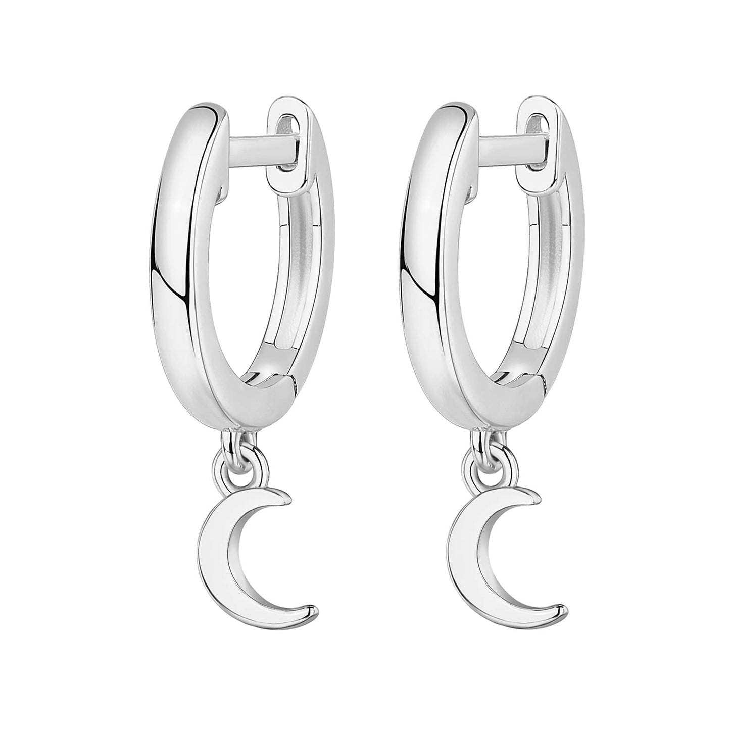 PAVOI Rhodium Plated 925 Sterling Silver Post Celestial Dangle Huggie Hoop Earrings For Women - Trendy Moon Hoop Earrings - Small Hinged Huggies