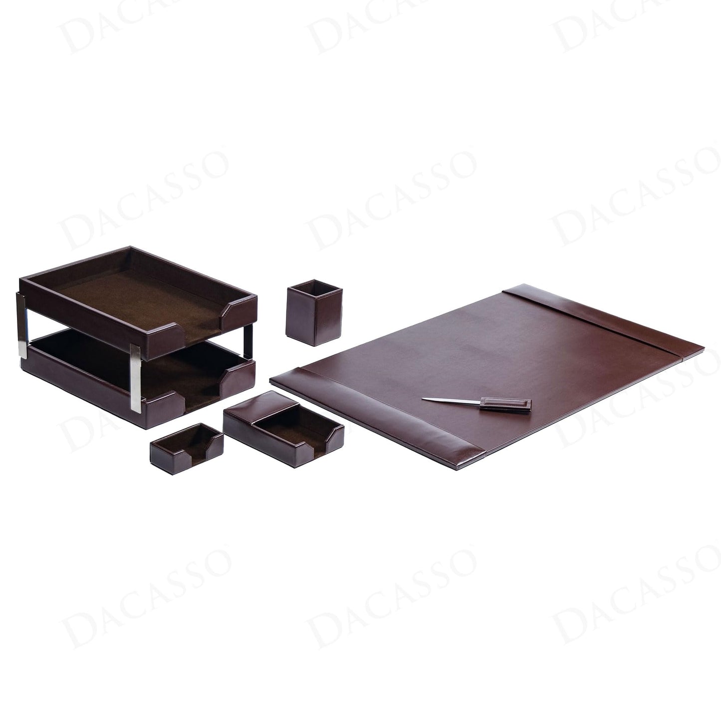 Dacasso Dark Brown Bonded Leather 8-Piece Desk Accessory Set - Organization Essentials & Executive Decor - Luxury Leather Blotter for Office Organization