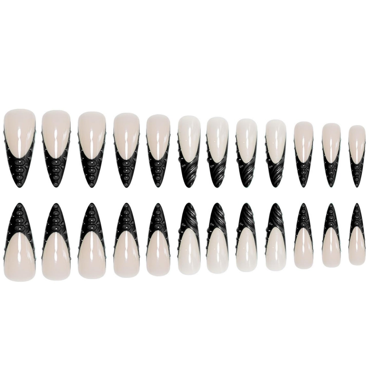 Long Press on Nails Stiletto Fake Nails Black French Artificial Nail with 3D Water Droplets Designs Extra Long Glossy Cute Stick on Nail for Women 24pcs