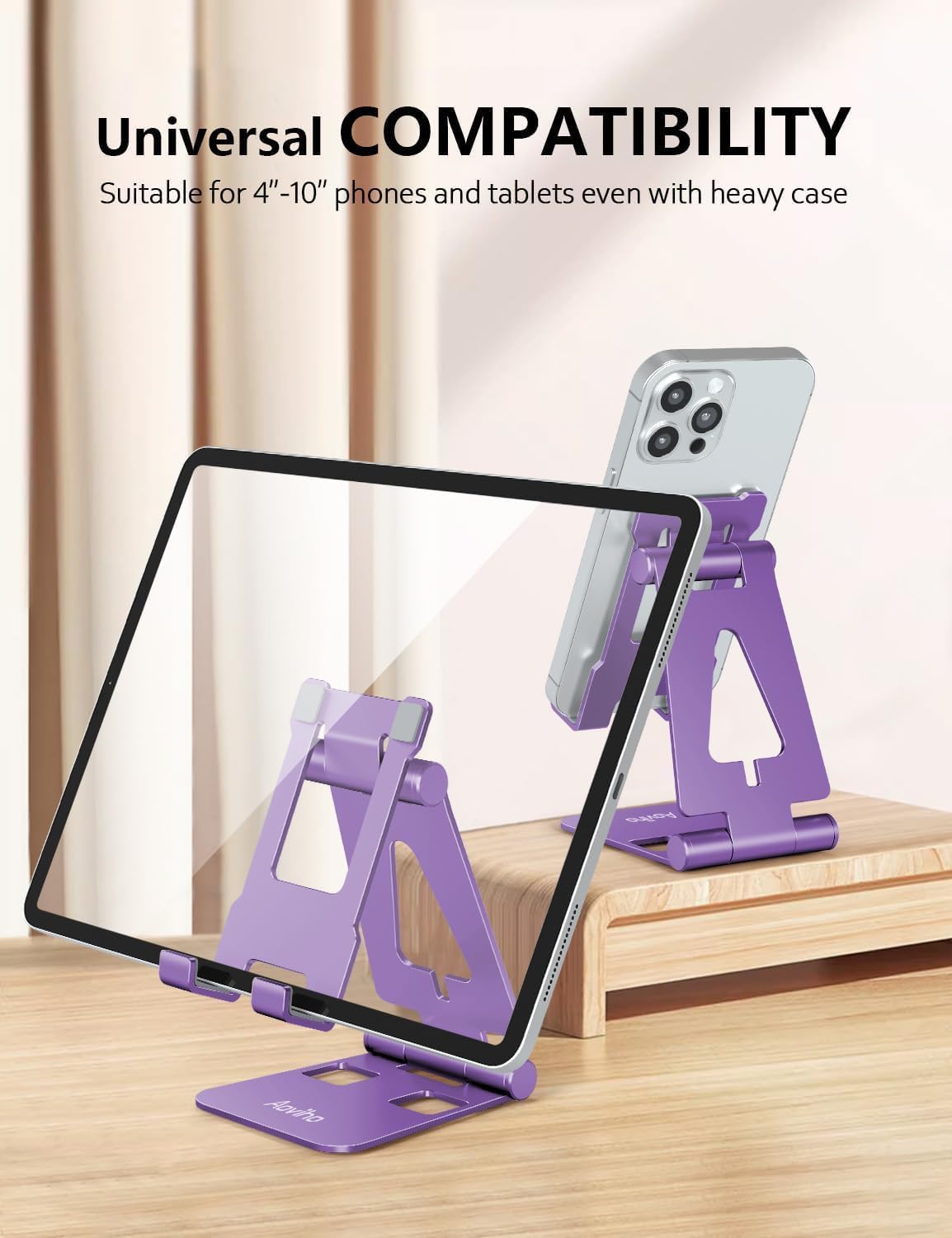Cell Phone Stand for Desk, Adjustable Desktop Phone Holder Stand, Foldable Moblie Phone Dock for iPhone 15 14 13 12 11 Pro Xs Max Xr X 8 7 6 5 5s SE Nintendo Switch All Phones, Purple