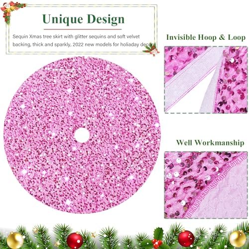 FUHSY Christmas Tree Skirt Pink Sequin Tree Skirt 21 Inch Sequin Skirt for Pencil Tree Velvet Tree Skirts Sparkle Decorative Tree Mat for Xmas Pink Christmas Decorations Small Tree Skirt for 4ft Tree