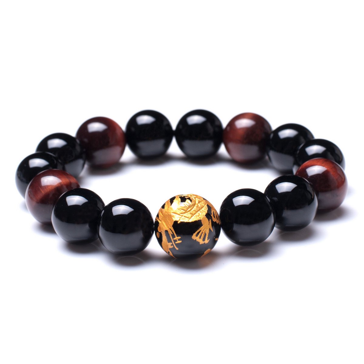 12mm Tiger Eye Stone Yellow Dragon Pattern Bold Wrist Bracelets | Natural Lava Rock Black Beads Elegant Design Bracelets for Men | Charming Black Crystal Men's Bracelet Beads Set for Layered Looks