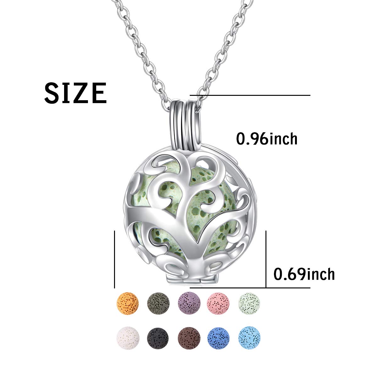 DAOCHONG Tree of Life Aromatherapy Necklace, S925 Sterling Silver Ball Shape Essential Oils Diffuser Locket Pendant Necklace 18+2 inches Rolo Chain with 10 PCS Stones