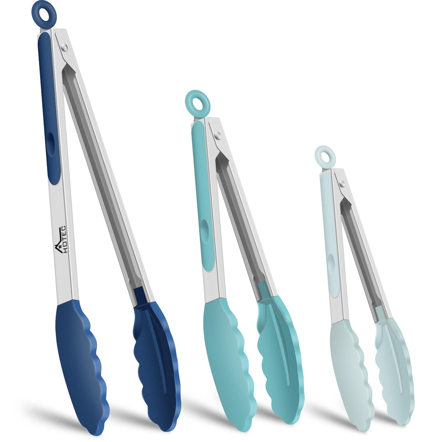 HOTEC Premium Stainless Steel Locking Kitchen Tongs with Silicon Tips, Set of 3-7", 9" and 12" (Gradient Blue)
