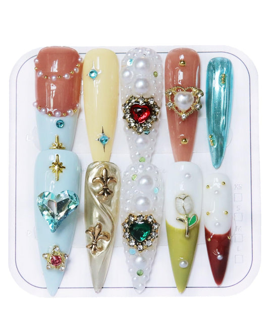 CAMILCY Luxury Handmade Press on Nails Extra Long Stiletto 3D Pearl Gemstone Fake Nails Almond Acrylic Nails Crystal Jewelry Design Salon Quality Reusable Acrylic Nails for Women (A025, M)
