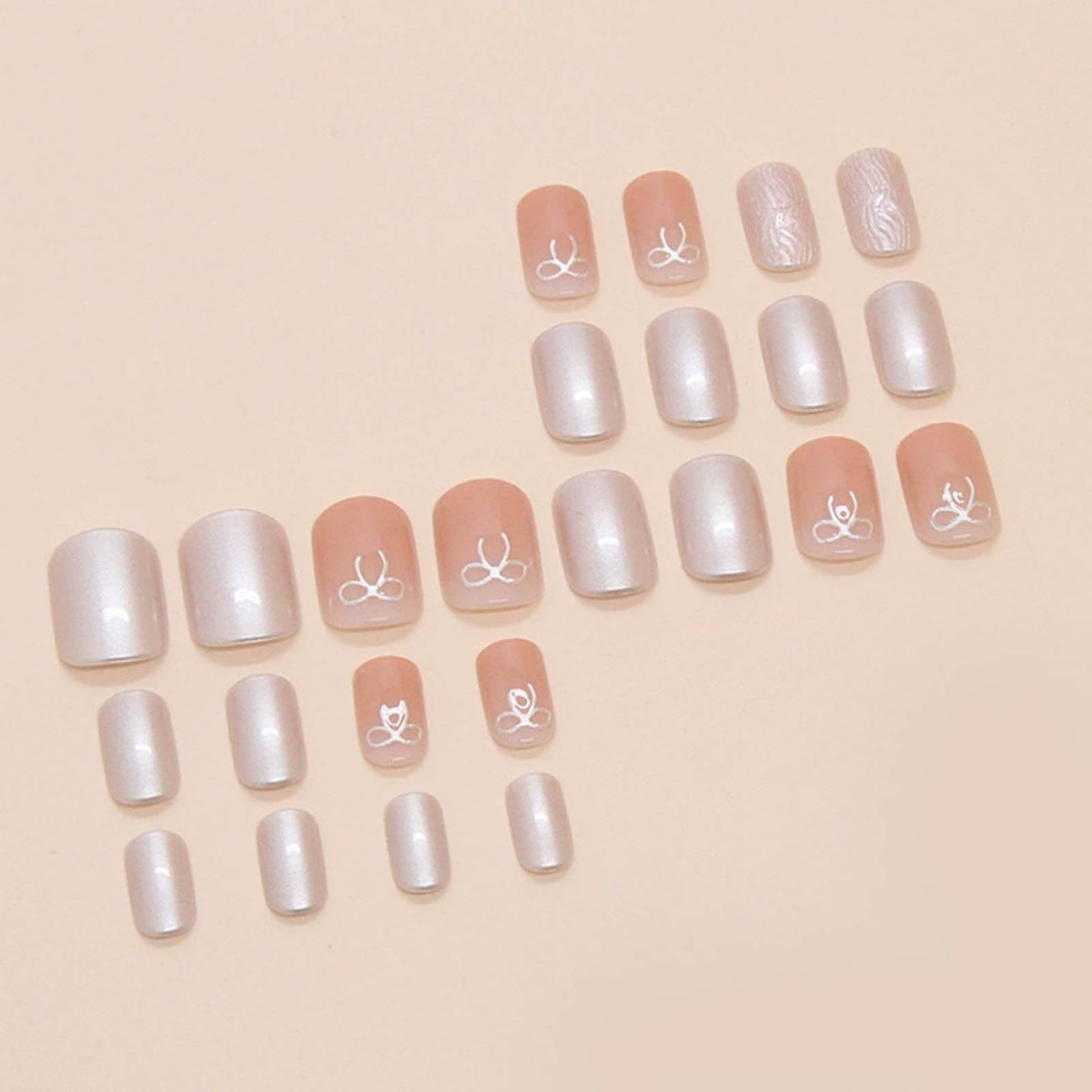 Hkanlre Short Square Fake Nails Tips Bow Press on Nails Full Cover False Bling Nude Nails for Women 24PCS