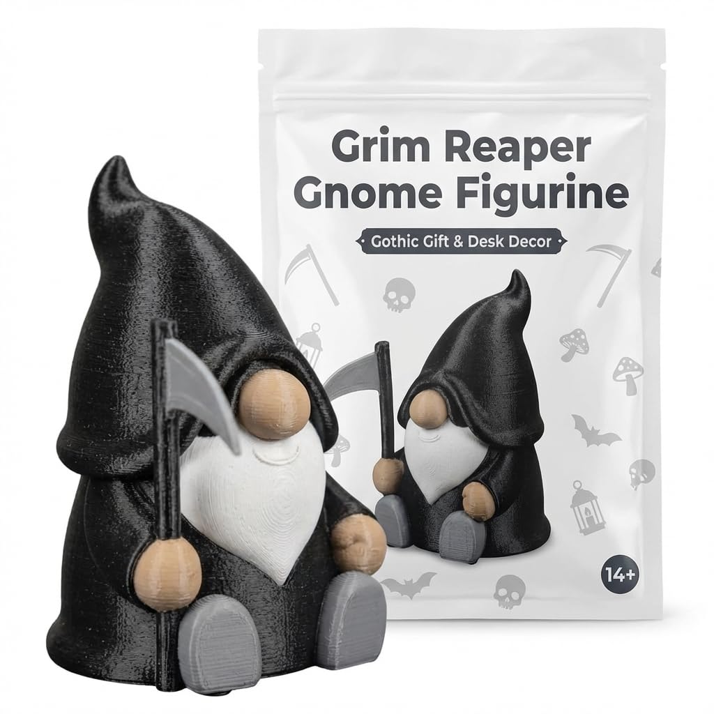 Grim Reaper Gnome Figurine - Gothic Fantasy Desk Decor with Detailed Design for Unique Shelf Display or Gift - 3D Printed in Canada