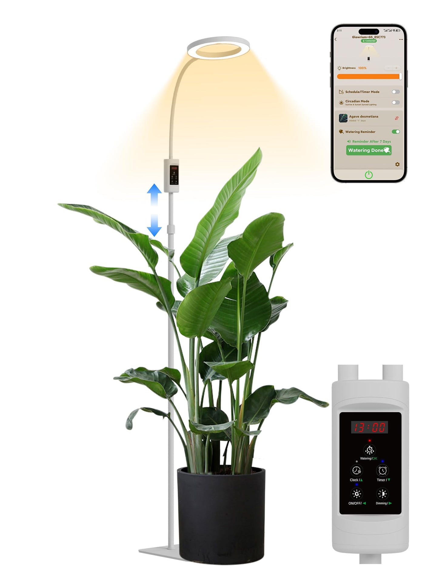 GLOWRIUM Smart Grow Lights for Indoor Plants, 24W Full Spectrum Plant Lights with Bluetooth App, Adjustable Height 47-70.9", Auto Timer, Indoor Plant Lamp for Large Tall Plants（White 24W）