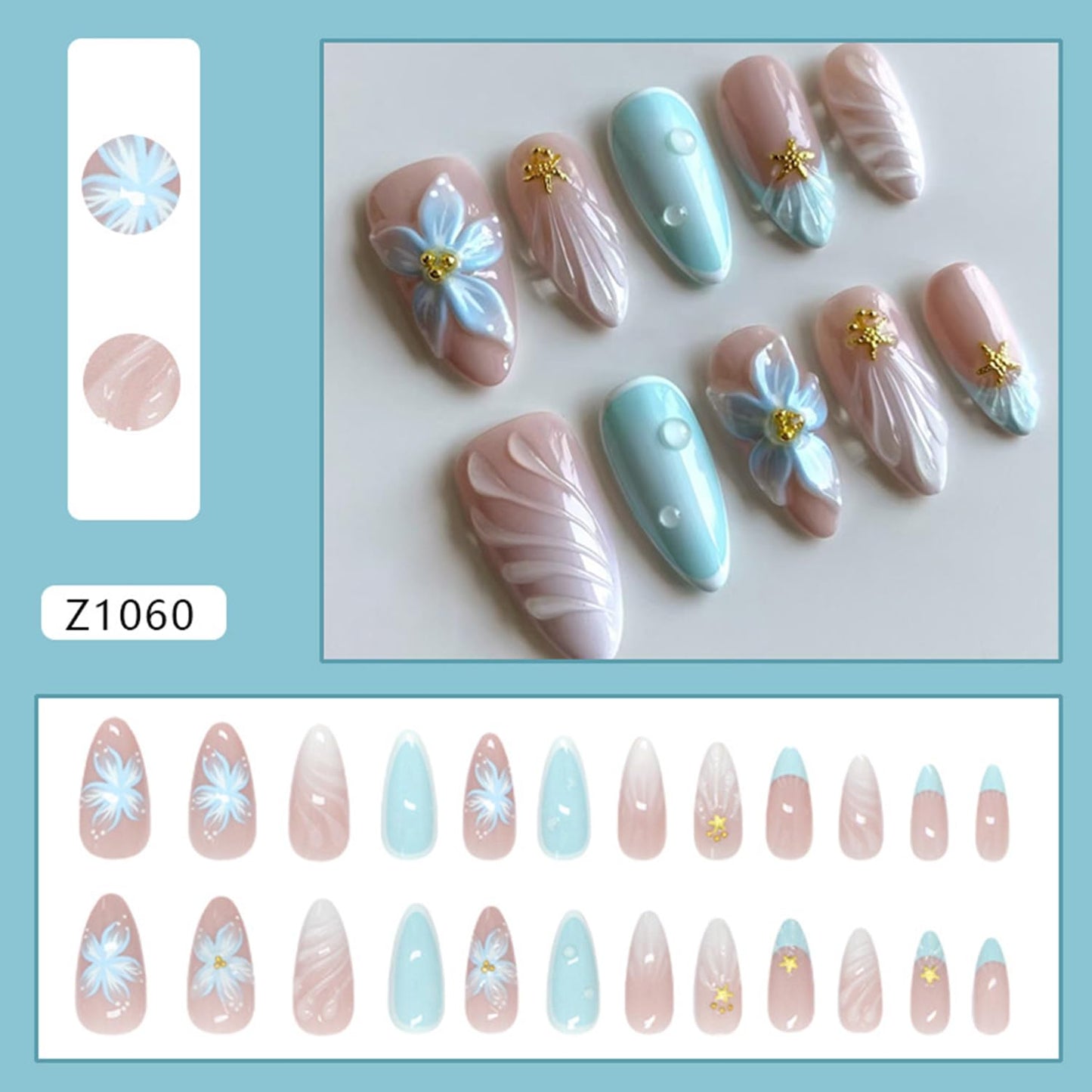 Flower Press on Nails Medium Almond Artificial Acrylic Fake Nails French Blue 3D Floral Starfish with Gold Beads Stick on Nail Full Cover Reusable Coffin Artificial Fingernails for Women Manicure