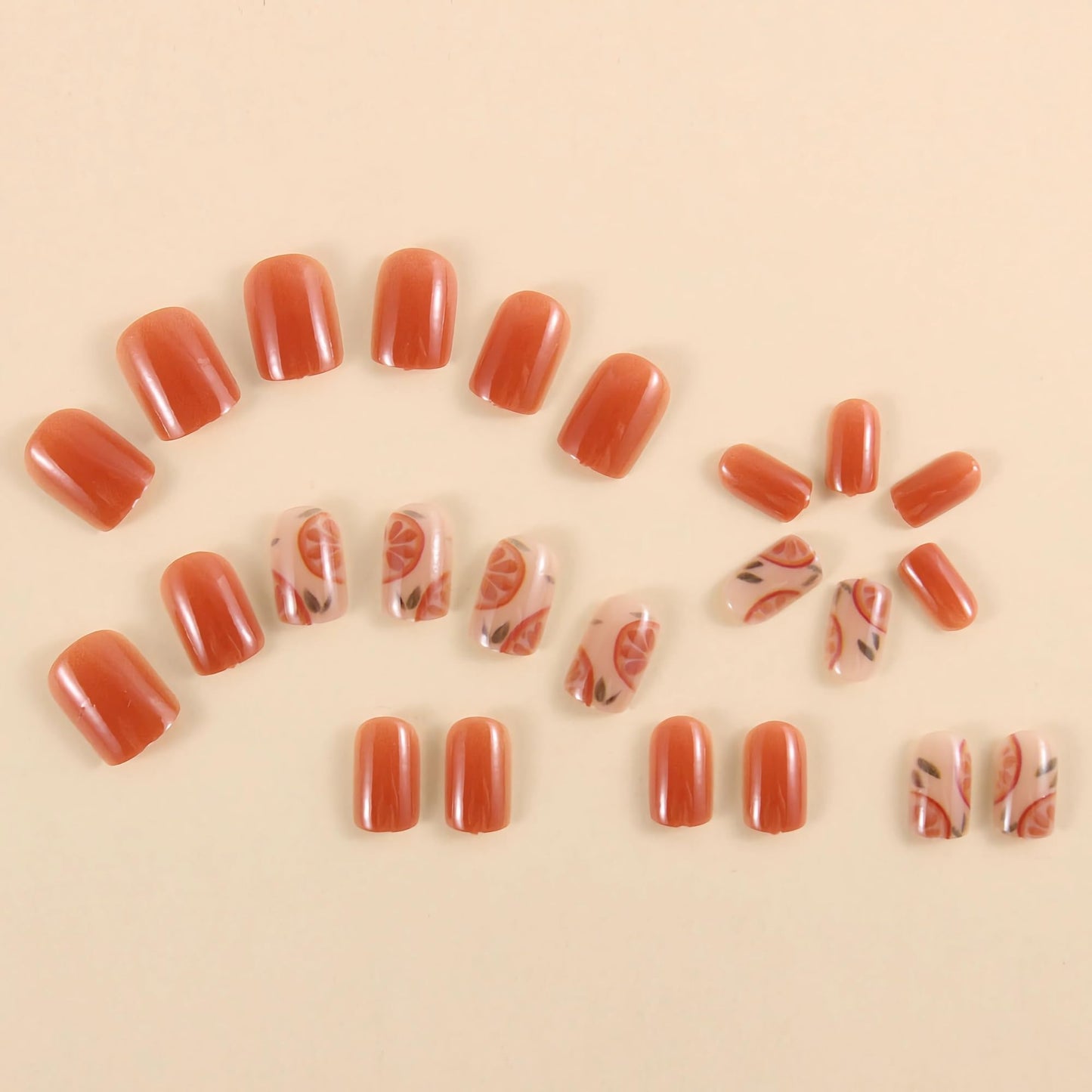 BABALAL Press On Nails, Short Square Fake Nails, Orange Summer, Fruit Pattern,Glossy Full Cover Glue On Nails For Women And Girls 24Pcs