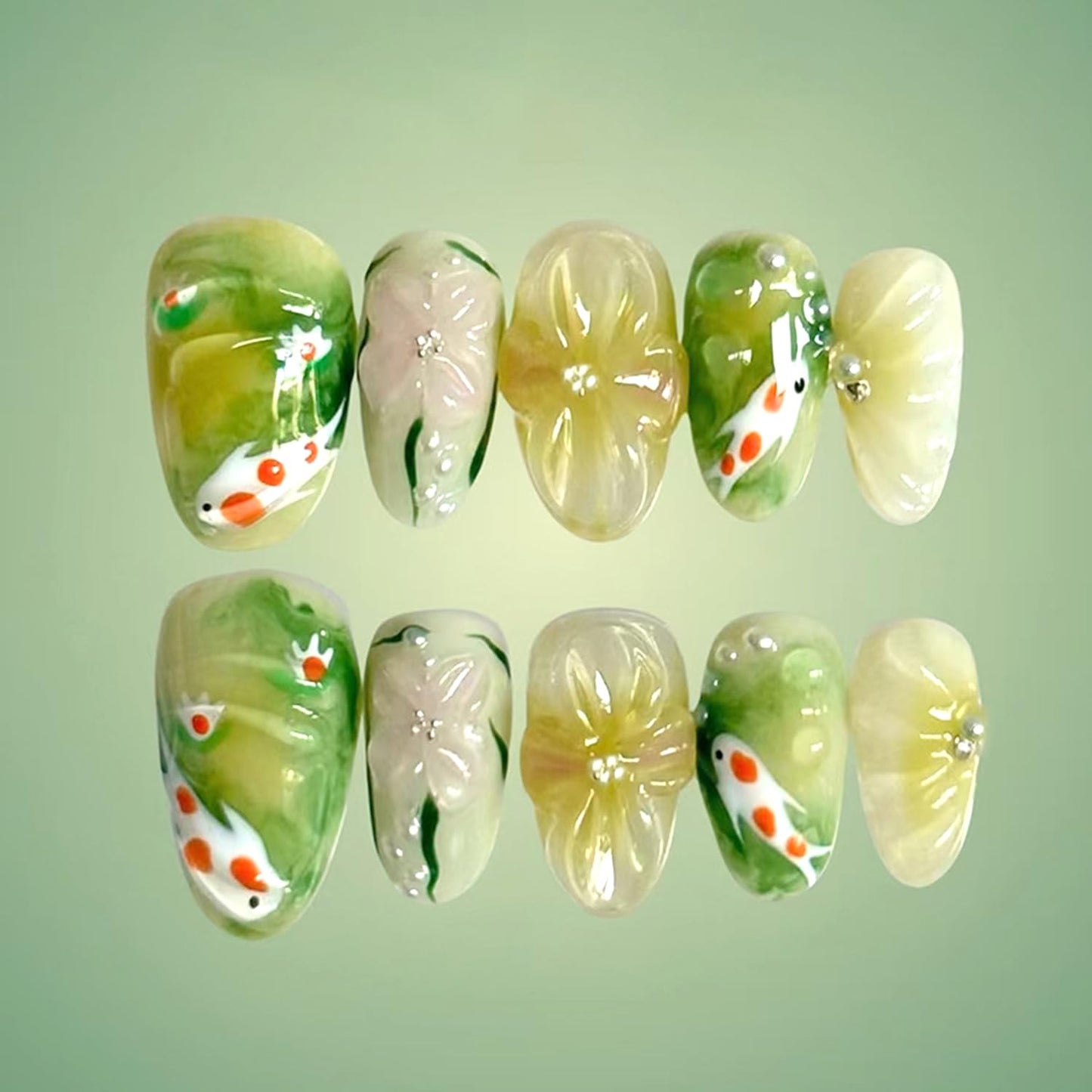 30Pcs Flower Press on Nails Medium Almond Fake Nails Press on 3D Pearl Design Koi Fish False Nails Green Smudge Glossy Full Cover Cute Floral Koi Reusable Spring Summer Acrylic Glue on Nails for Women
