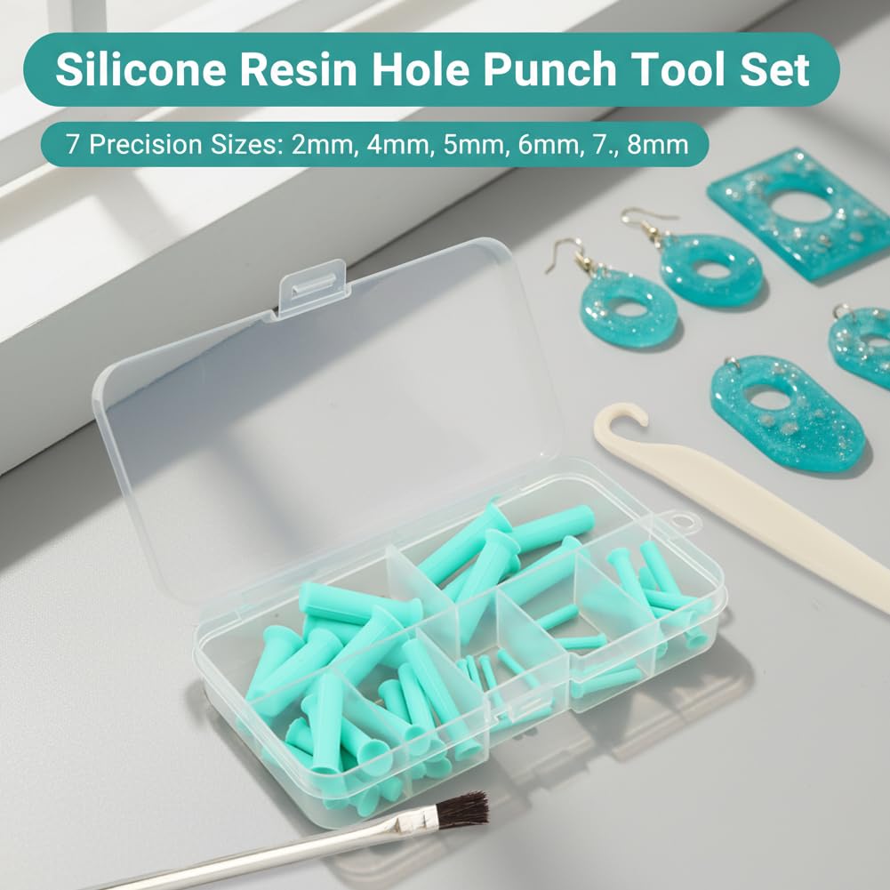 Resin Hole Maker Tool Set, 37PCS Silicone Tools in 7 Sizes (2-8 mm) for Epoxy Resin, Flexible Durable Kit with Slicer and Brush for Jewelry, Keychain, Pendant and DIY Crafts