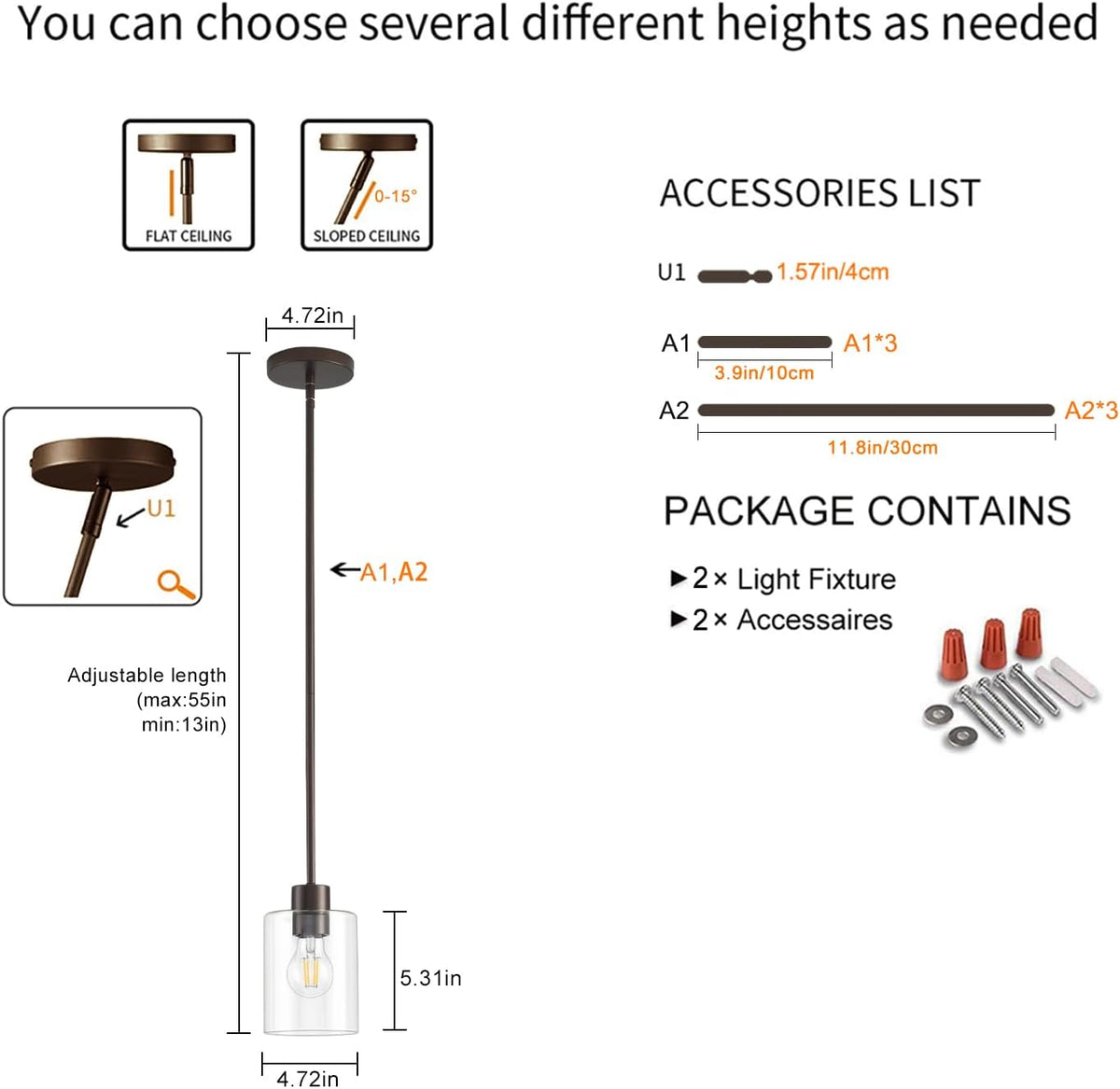 Oil Rubbed Bronze Pendant Lights Kitchen Island - Clear Glass Pendant Light Fixture Multiple Stems Rods 3 Units 12 Inch 3 Units 4 Inch (2 Pack Oil Rubbed Bronze Downrod)