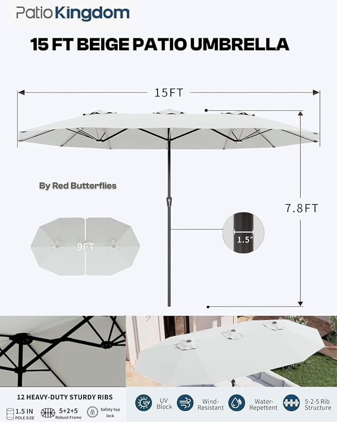 9-Piece Grey Outdoor Dining Set with White 15FT Large Patio Umbrella, 75.2'' HDPE Table & Chairs for 8, Weather-Resistant Furniture with Umbrella Hole for Patio, Lawn, Poolside