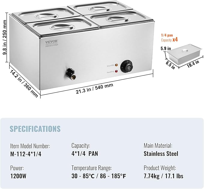 VEVOR 4-Pan Commercial Food Warmer, 15.9QT Electric Steam Table, 1200W Professional Countertop Stainless Steel Buffet Bain Marie with 86-185°F Temp Control for Catering and Restaurants, Silver