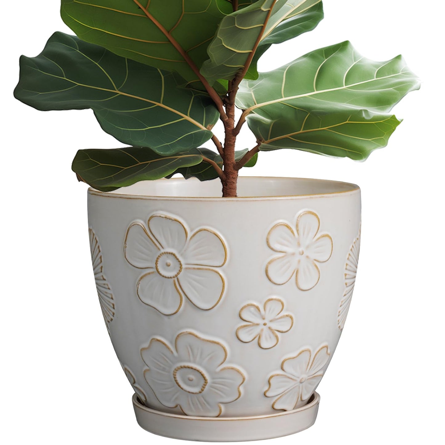 MPotTo 10 Inch Ceramic Planter Pot Large Plant Pot for Indoor Plants Outdoor Round Flower Pot with Drainage Hole and Saucer for Home Garden Decor White