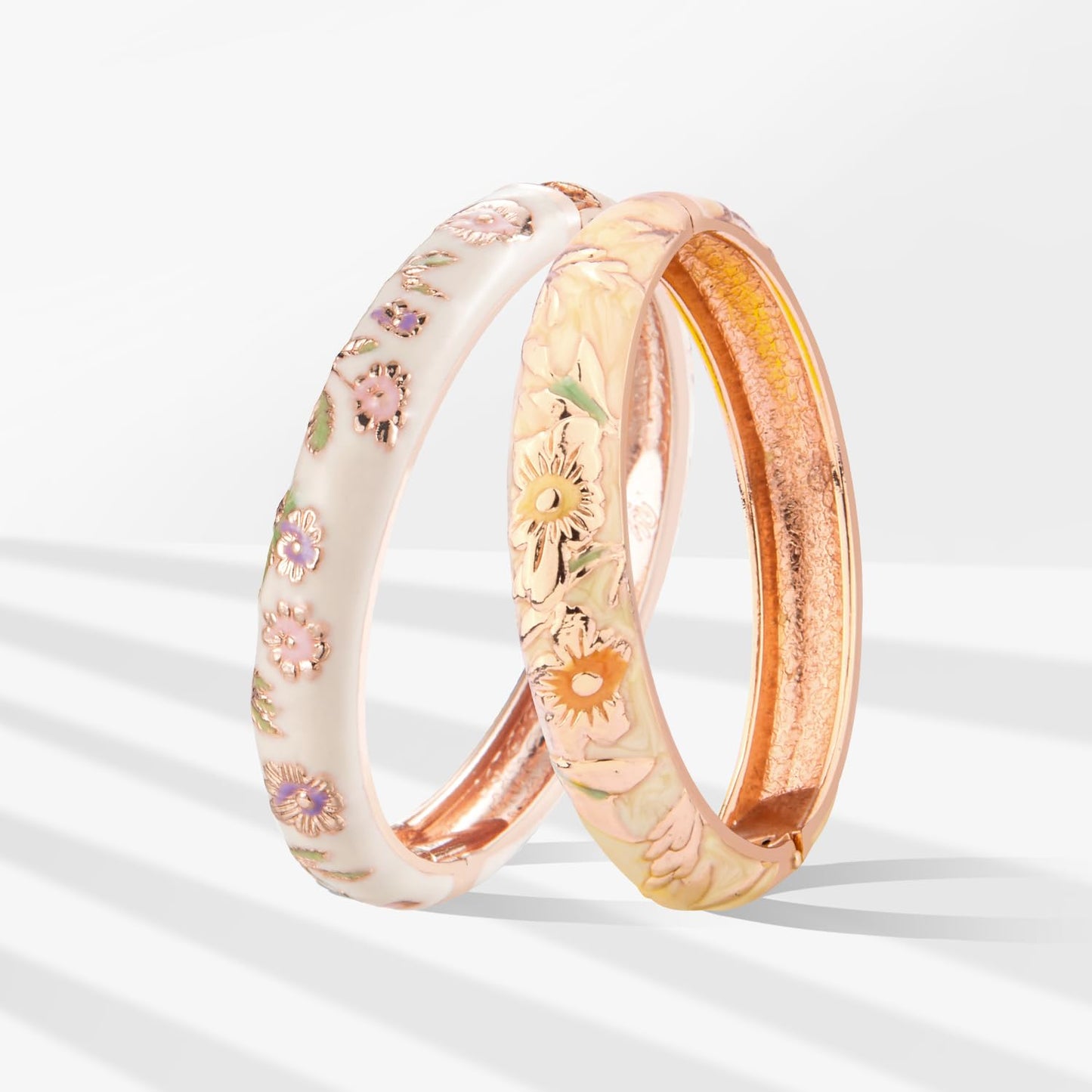 UJOY Vintage Bracelet Plated Enameled Jewelry Spring Hinge Metal Cuff Cloisonne Bangles Set Gift Box Packed 55A18-55A103 White Yellow
