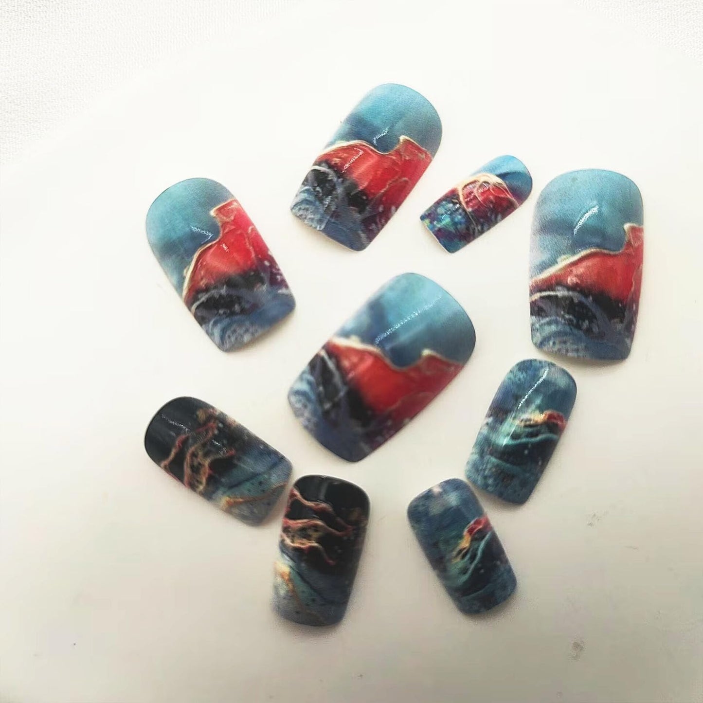 Square Press on Nails Medium Fake Nails with Lines Designs Glossy Nails Press ons Blue Gradient Black Glue on Nails Summer Acrylic Artificial Stick on Nails for Women 24Pcs