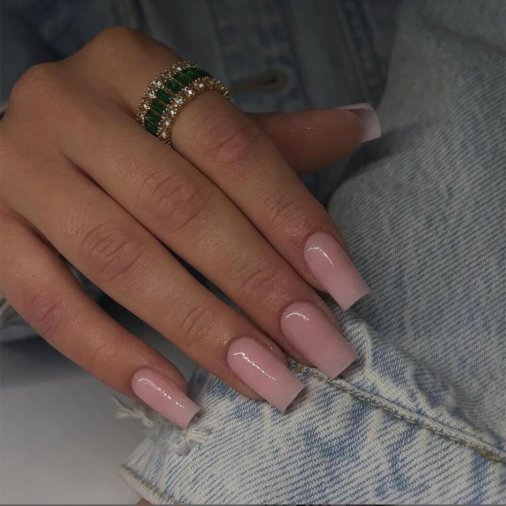 Medium Long Press On Nails Coffin Nails Press Ons Gloss, KQueenest Dark Pink Color Full Cover Long Fake Nails For Women, Thick Gel Square Tip Nails Acrylic False Nails Set, 24 Pcs