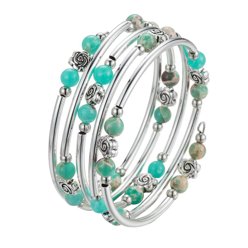 BULINLIN Wrap Bangle Rose Bead Bracelet - Beaded Bracelet with Natural Agate Stone Gifts For Women(01-Water green)