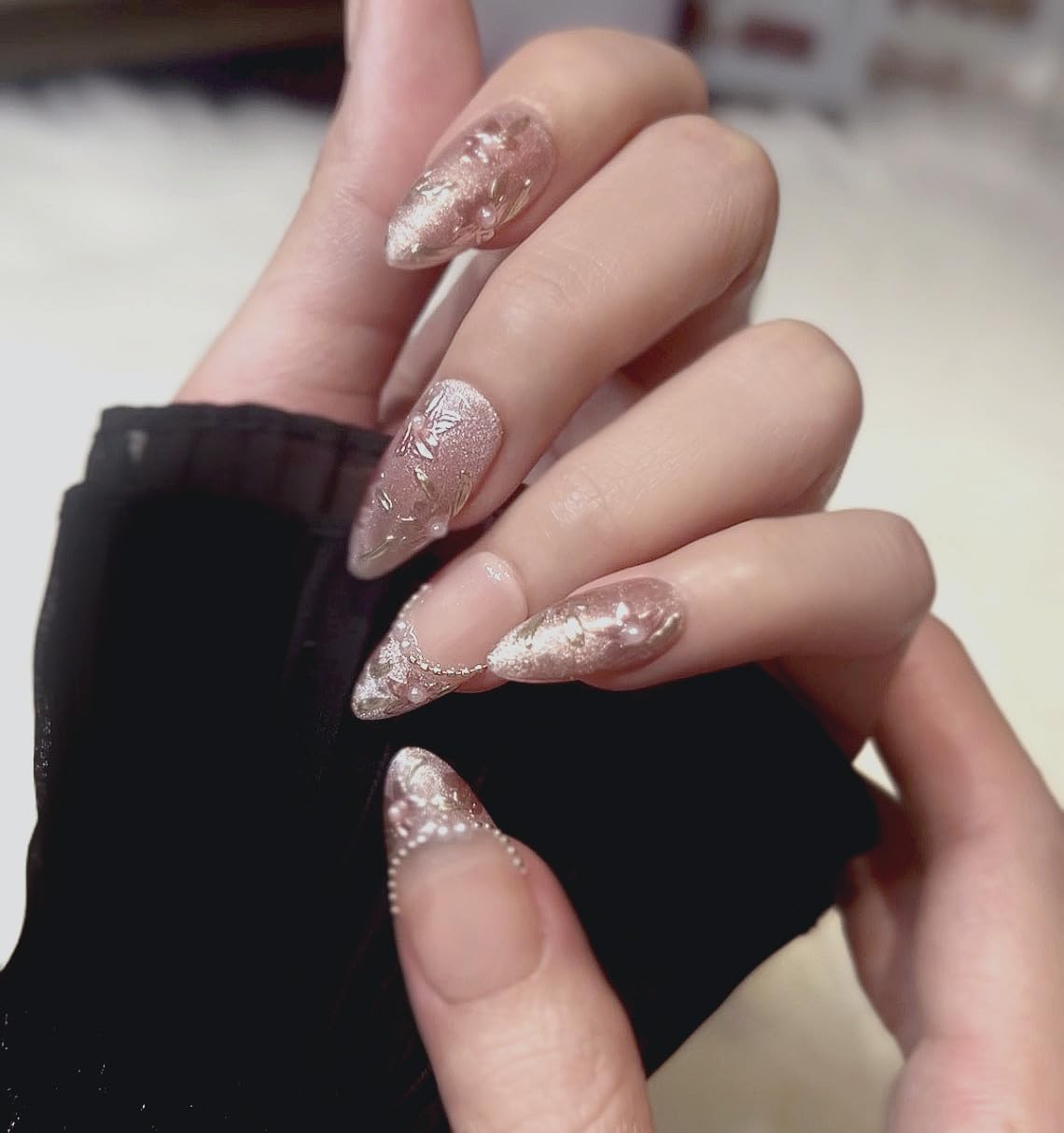 Handmade Press On Nails impress Fake Nails Medium Almond pink Ice flowers Hand Painting Pearl Crystal Manicure False press ons Nail Artificial (M size)