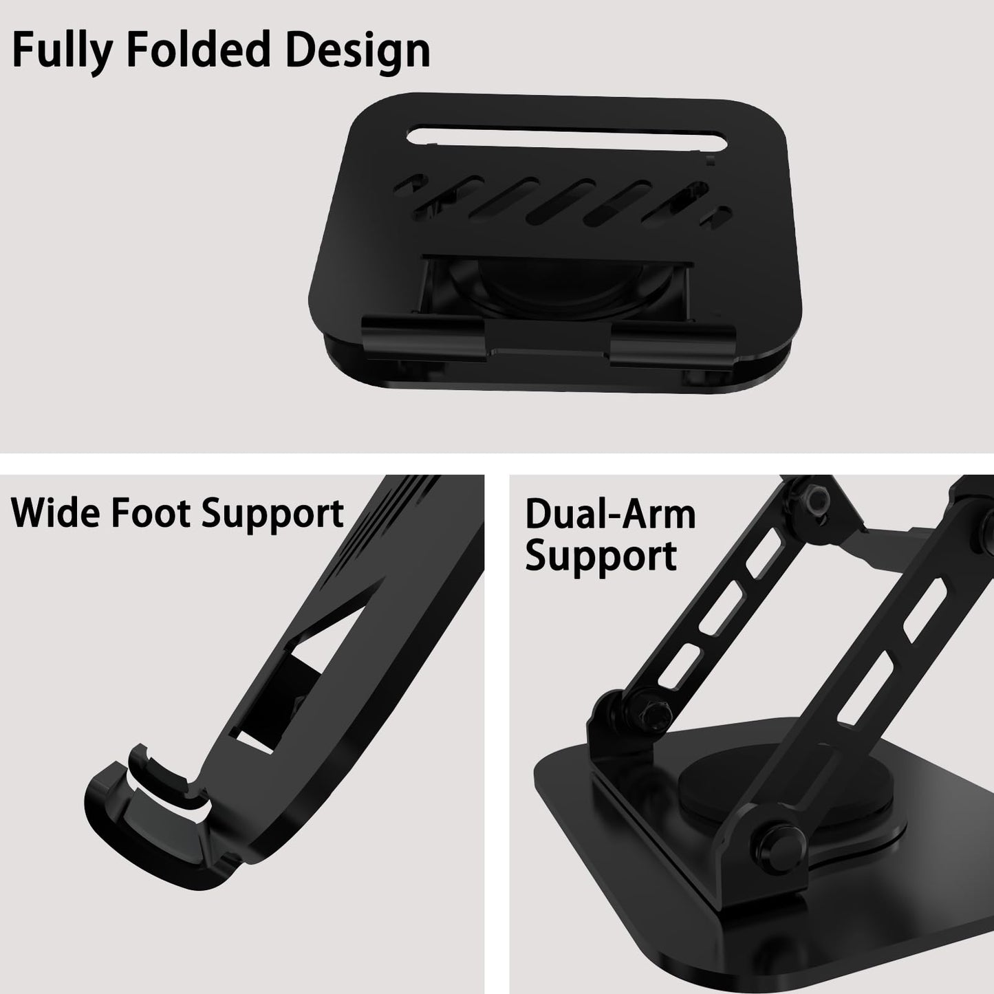 TAPMEI Tablet Stand, 360° Rotation Dual-Arm Support iPad Holder Office Desk Accessories, Foldable iPad Air Holder Travel Accessories for Desk Men Gifts Fits All 4-16" Tablet (Black)